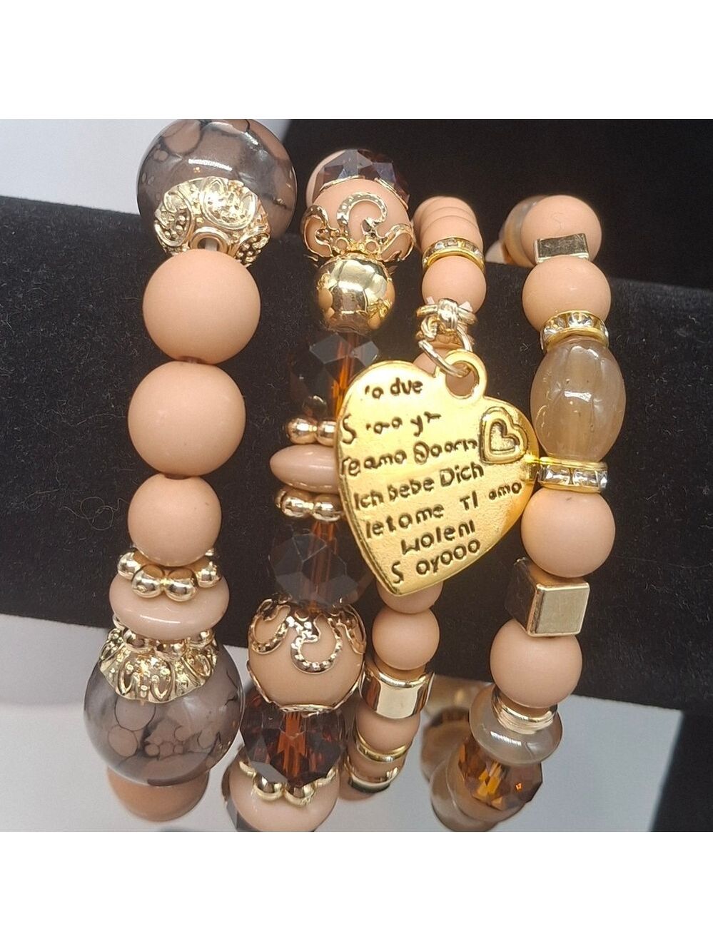 Boho Brown and Peach Color Beaded Bracelet 4 Pc Set with Gold Accents - Picture 2 of 2